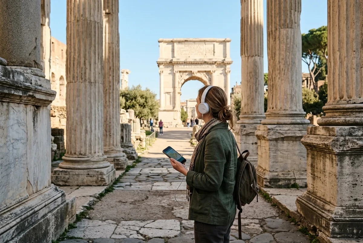 Reisende hört mit Kopfhörern den audioguide forum romanum auf dem Smartphone zwischen antiken Säulen, warmes Vormittagslicht, Titusbogen im Hintergrund