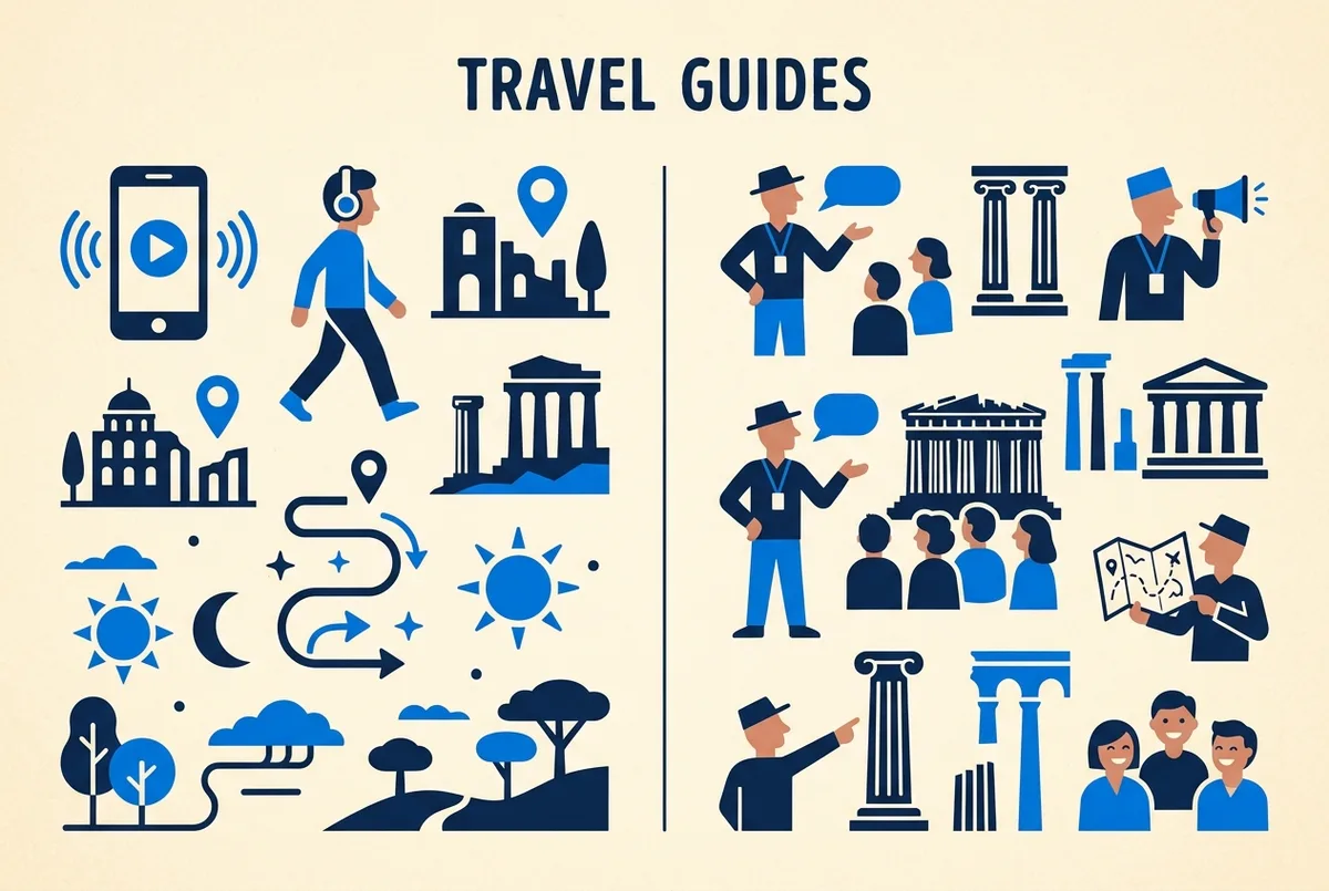 Vergleichsinfografik Audioguide gegen Live-Guide für das Forum Romanum, zwei Spalten mit Icons für App-Erzählung und persönliche Führung, flacher Stil, nur generische Beschriftungen