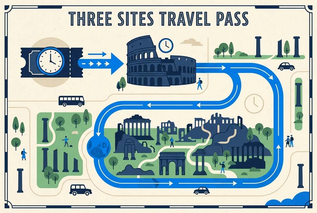 Infografica semplice che mostra il flusso di un unico biglietto valido per tre siti: Colosseo con orario fisso, poi Foro Romano e Palatino con finestra più ampia, stile icone piatte, senza prezzi