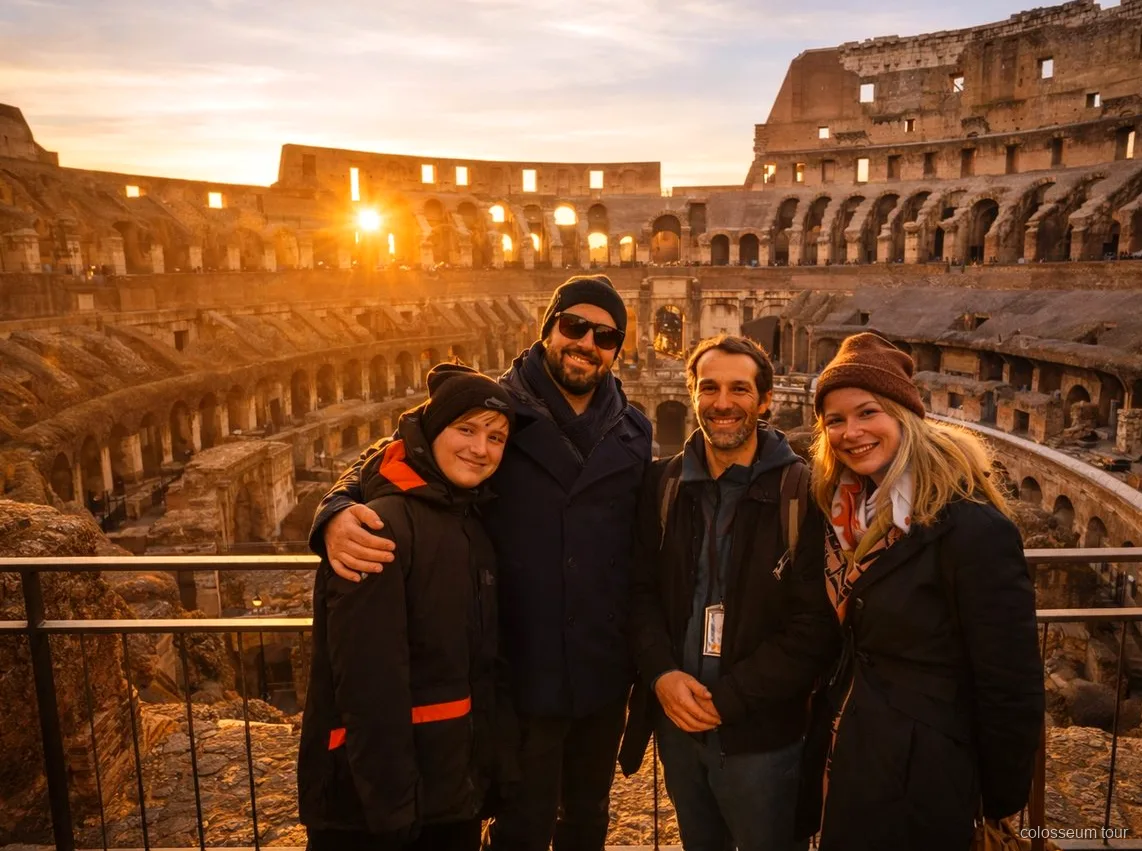 Guia em inglês a liderar o tour do pôr do sol no Coliseu
