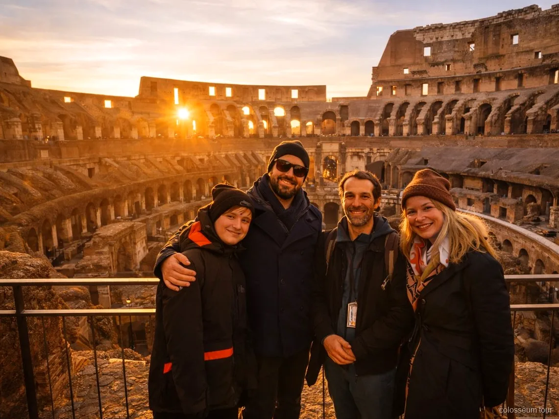 Guida in lingua inglese durante la visita al Colosseo al tramonto